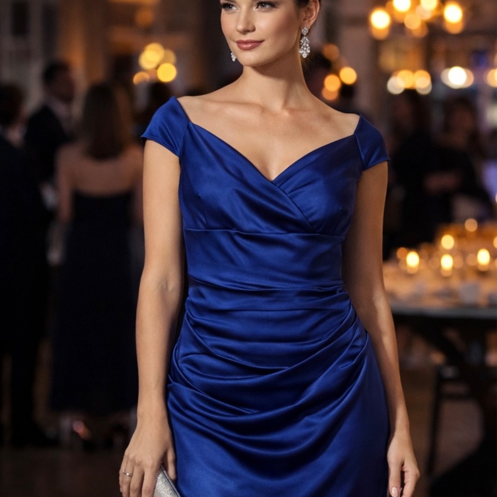 Suzi Chin for Maggy Boutique Blue Satin Ruched Cocktail Dress – Size 4